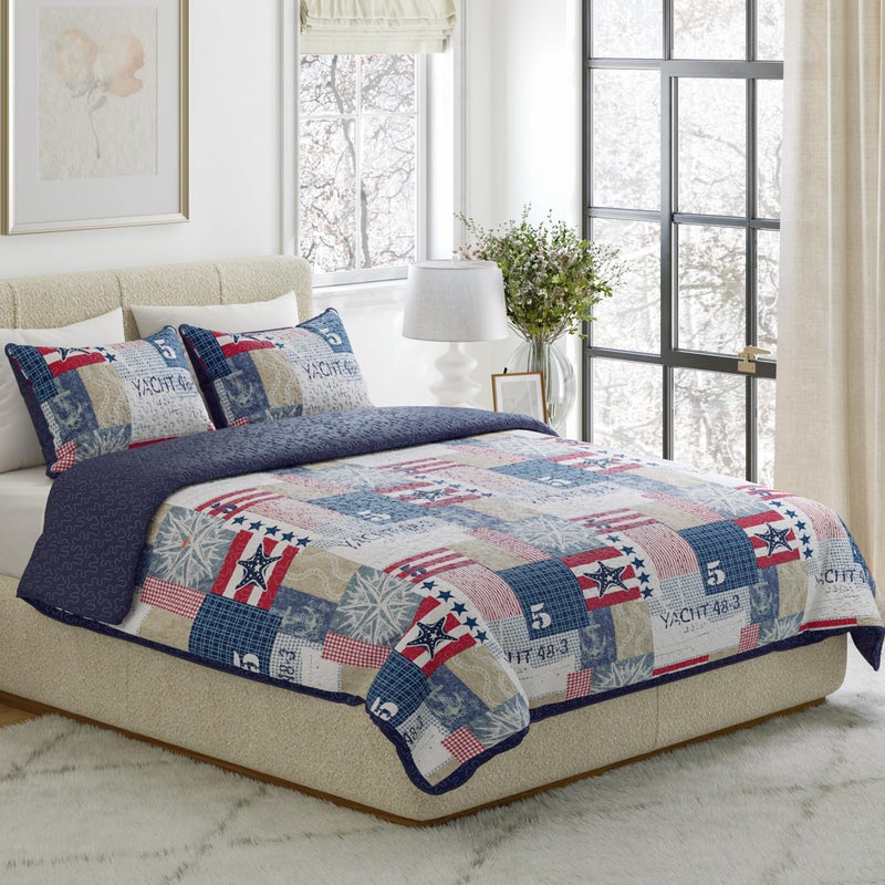 Lavish Home 2-Piece Quilt Set - Nautical Americana Patchwork Print All-Season Soft Microfiber Bedspread - Twin Bedding with Pillow Sham by Lavish Home - Image 1